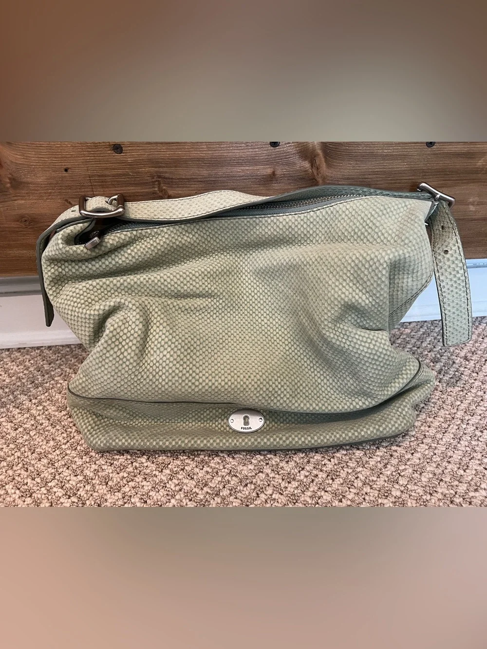 Fossil Light Mint Green Textured Leather Shoulder Bag - Picture 1 of 6